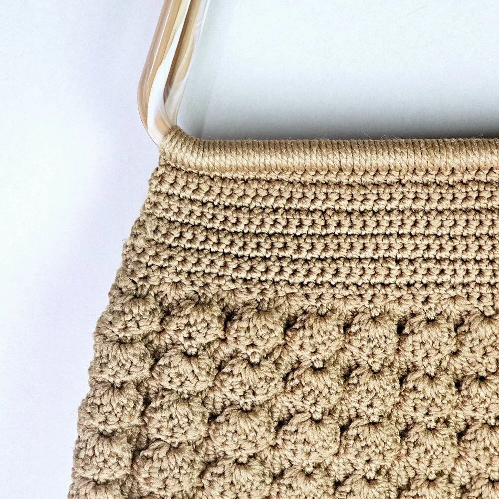 Vintage Large Swirl Double Handled Crochet Bubble Stitch Hobo Style Handbag